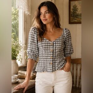 Primark Gingham Puff Sleeve Blouse Size 6 Milkmaid Cottagecore